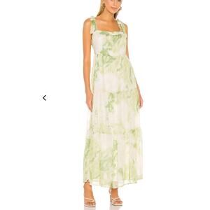 Line + Dot Green Tropical Maxi Dress SMALL Tiered Ruffle Cottage Vacation $115